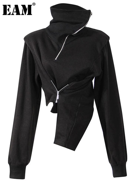 [EAM] Loose Fit Black Zipper Irregular Sweatshirt New Turtleneck Long Sleeve Women Big Size Fashion Spring Autumn 2024 1DE3327